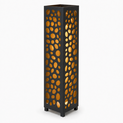 Design 053 black laser cut metal garden light tower with warm LED glow on white background