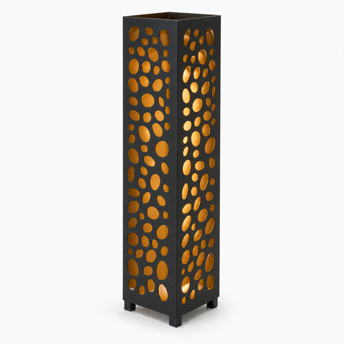Design 053 black laser cut metal garden light tower with warm LED glow on white background