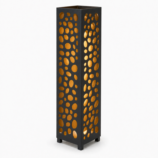 Design 053 black laser cut metal garden light tower with warm LED glow on white background