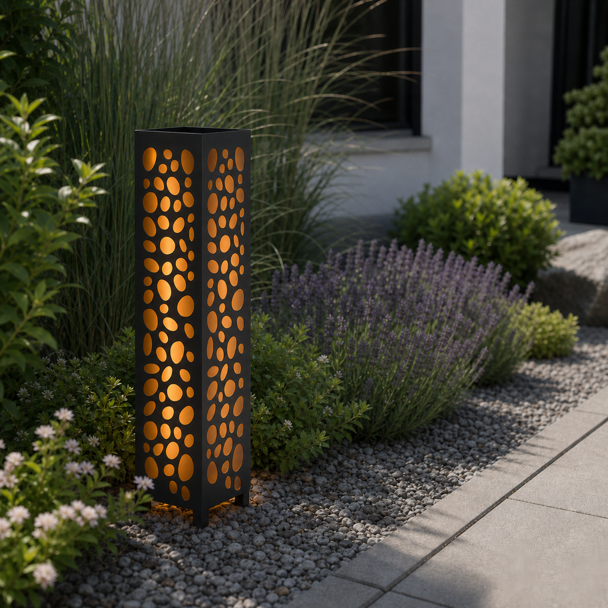 Design 053 laser cut garden light pillar installed in landscaped patio during daytime