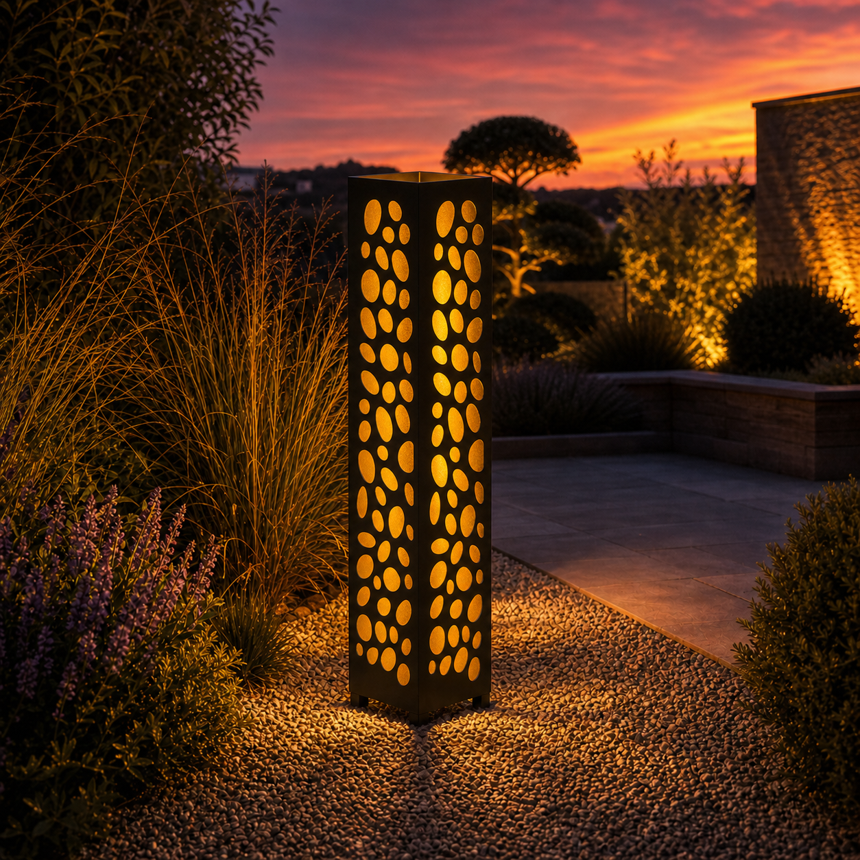 Design 053 outdoor decorative LED light column glowing at dusk in garden setting