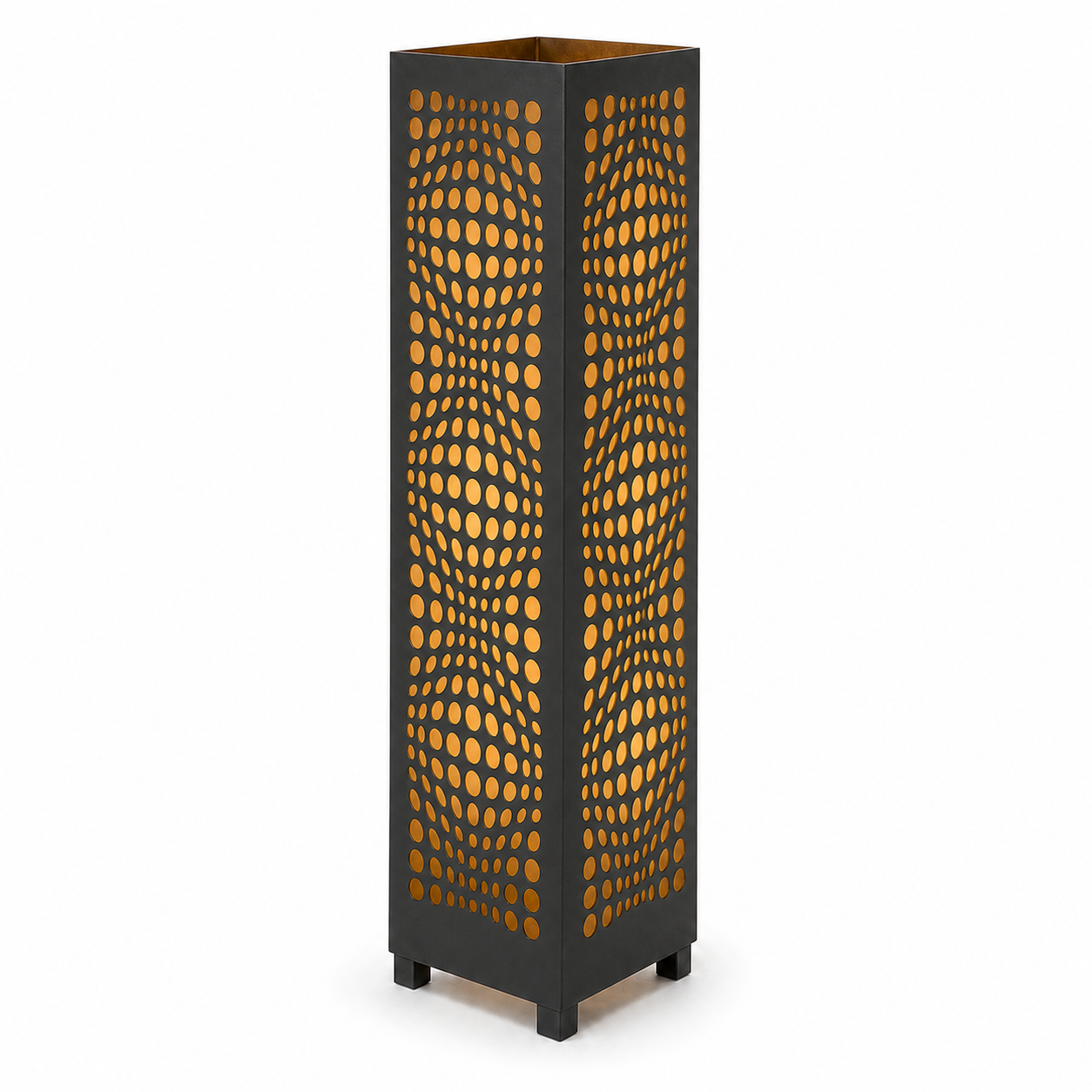 Design 054 black laser cut metal garden light tower with warm LED glow on white background