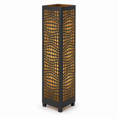 Design 054 black laser cut metal garden light tower with warm LED glow on white background