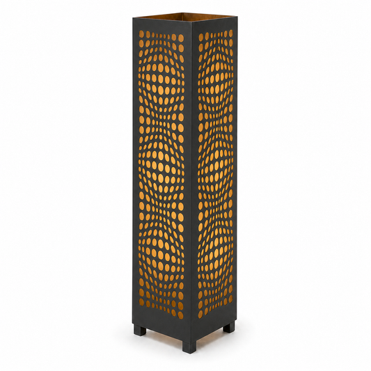 Design 054 black laser cut metal garden light tower with warm LED glow on white background