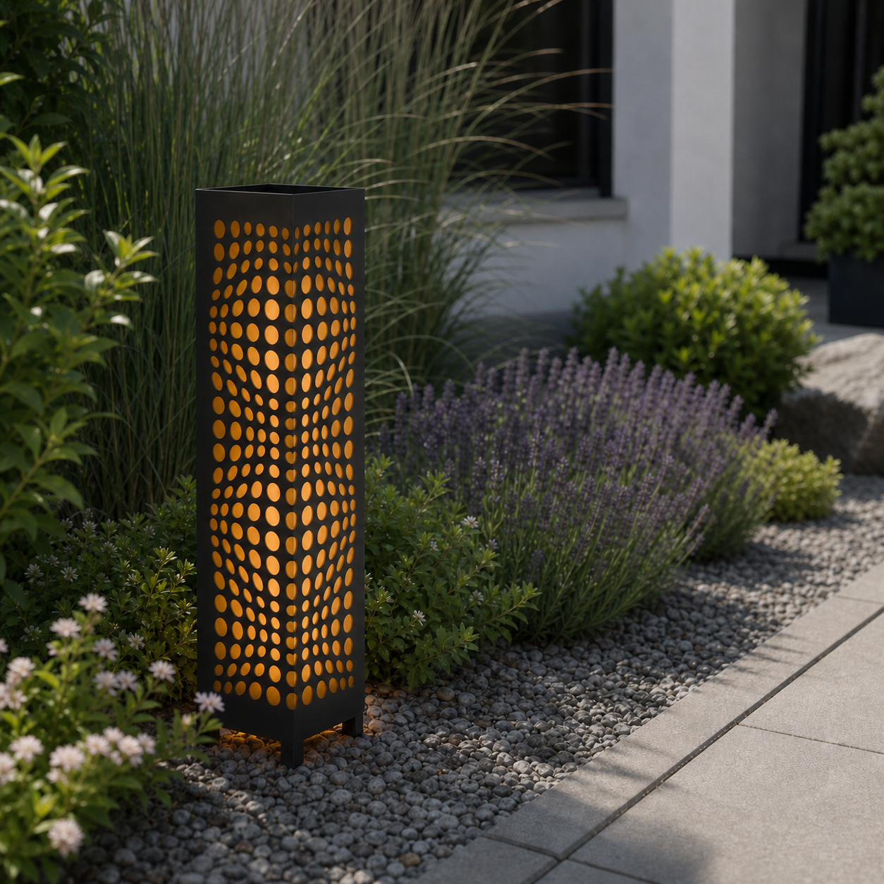 Design 054 laser cut garden light pillar installed in landscaped patio during daytime