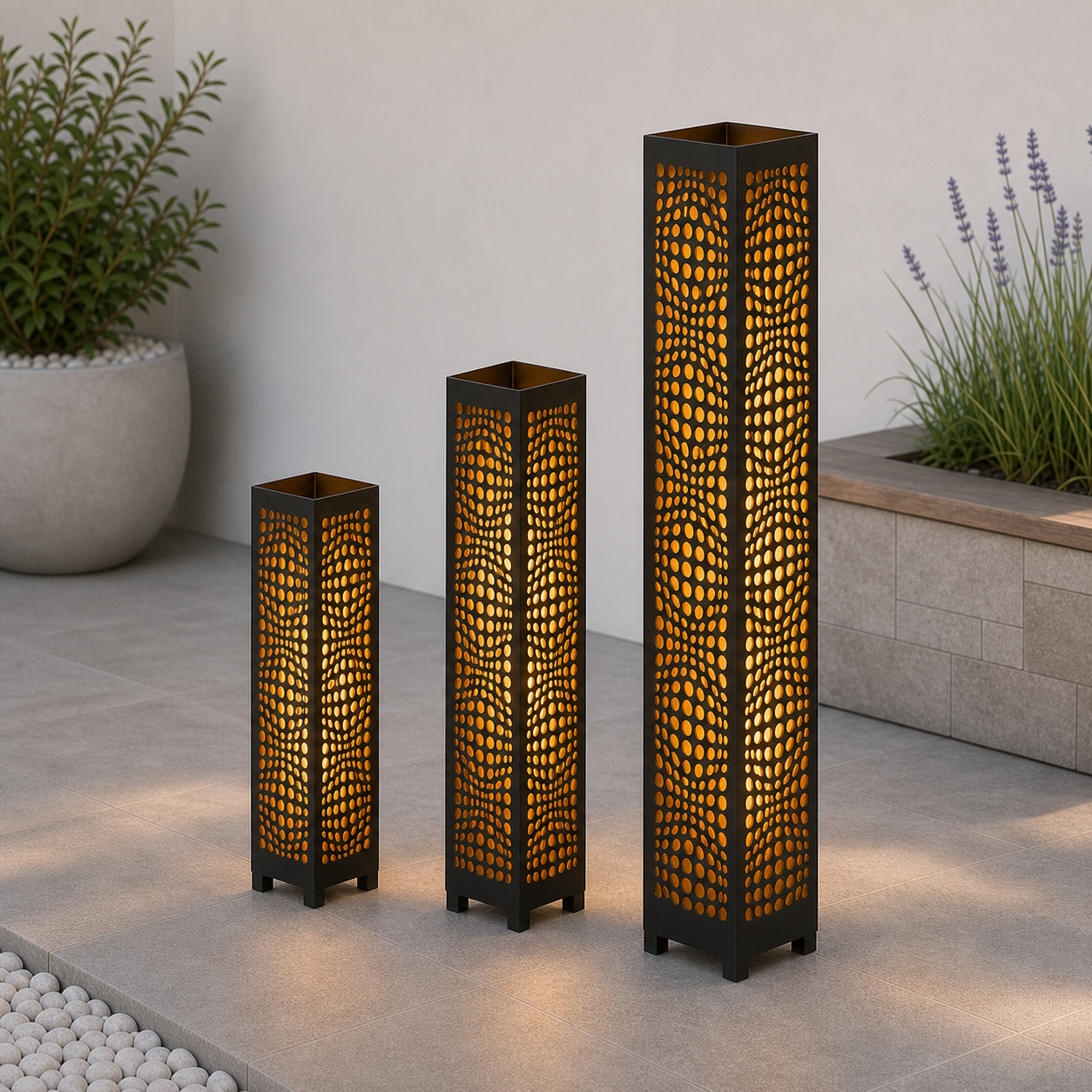 Design 054 laser cut garden light tower three size comparison