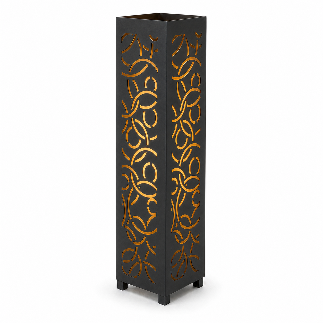 Design 055 black laser cut metal garden light tower with warm LED glow on white background