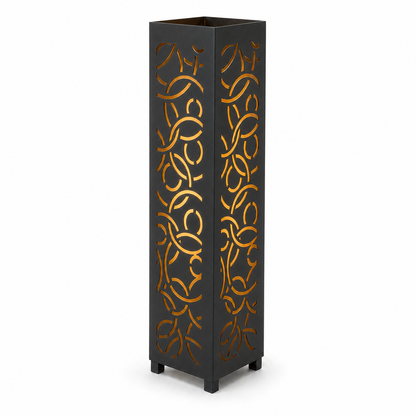 Design 055 black laser cut metal garden light tower with warm LED glow on white background