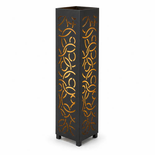 Design 055 black laser cut metal garden light tower with warm LED glow on white background