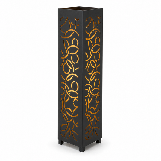 Design 055 black laser cut metal garden light tower with warm LED glow on white background