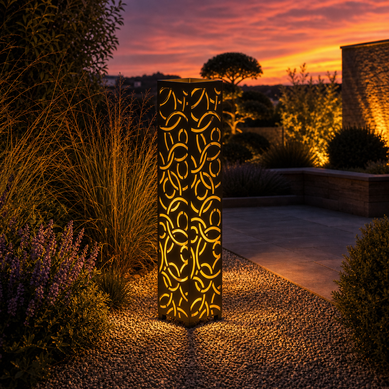 Design 055 outdoor decorative LED light column glowing at dusk in garden setting