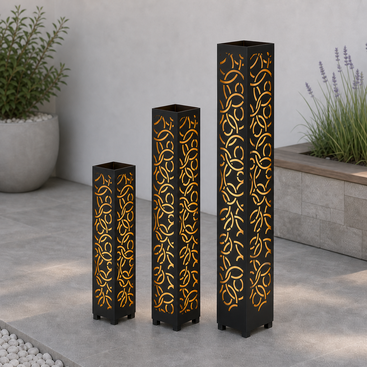 Design 055 laser cut garden light tower three size comparison