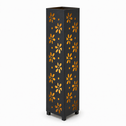 Design 056 black laser cut metal garden light tower with warm LED glow on white background
