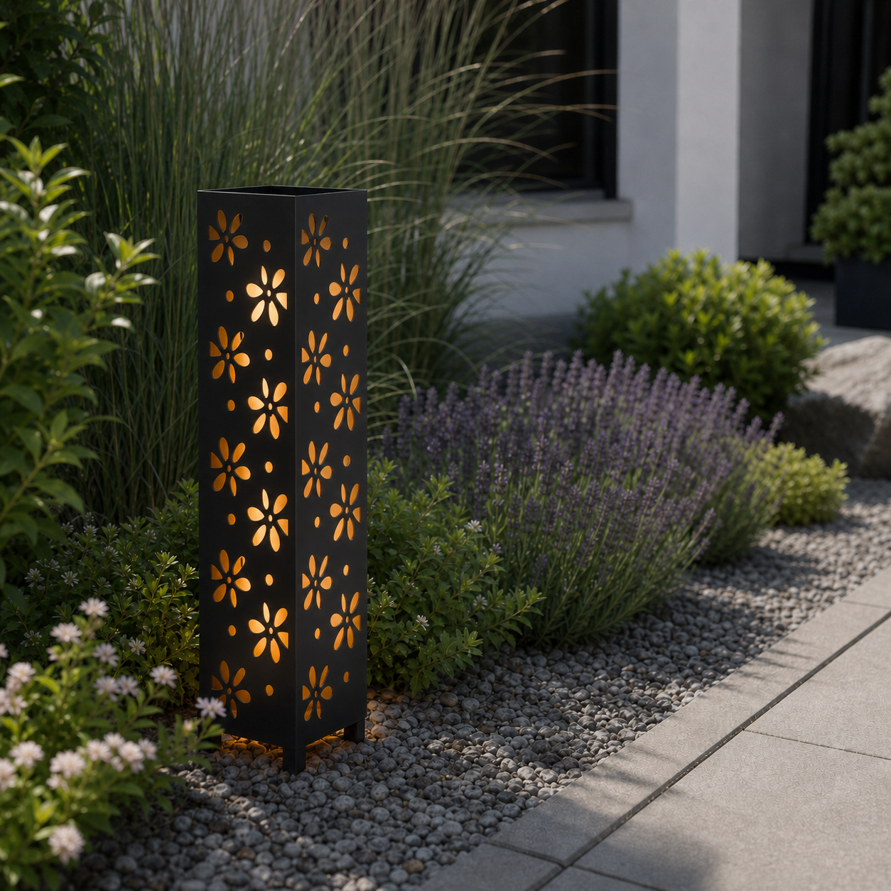 Design 056 laser cut garden light pillar installed in landscaped patio during daytime