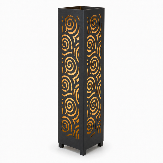 Design 057 black laser cut metal garden light tower with warm LED glow on white background
