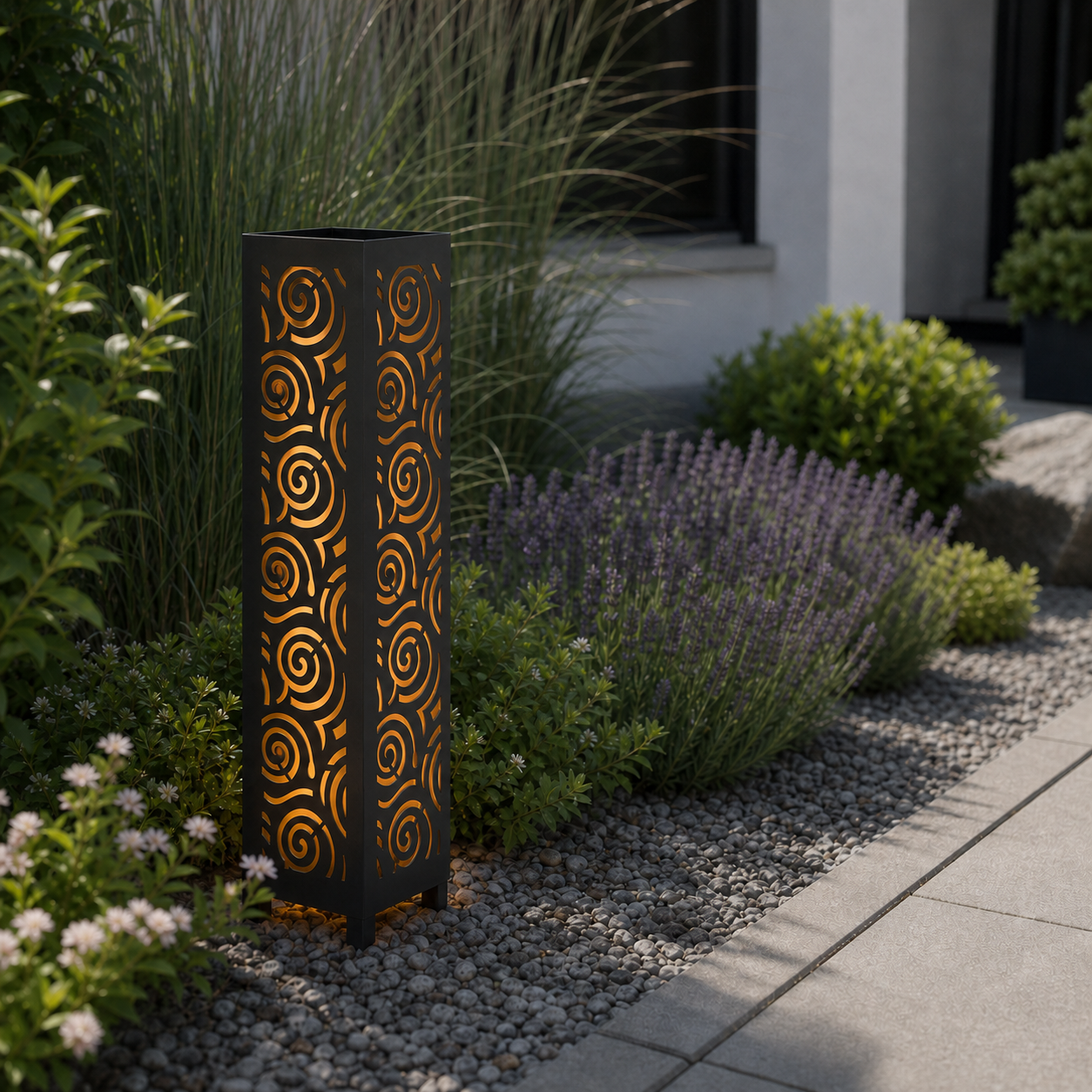 Design 057 laser cut garden light pillar installed in landscaped patio during daytime