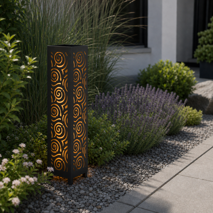 Design 057 laser cut garden light pillar installed in landscaped patio during daytime