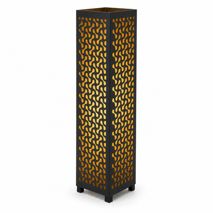 Design 058 black laser cut metal garden light tower with warm LED glow on white background