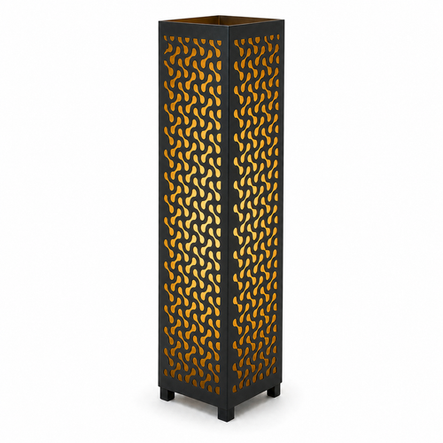 Design 058 black laser cut metal garden light tower with warm LED glow on white background