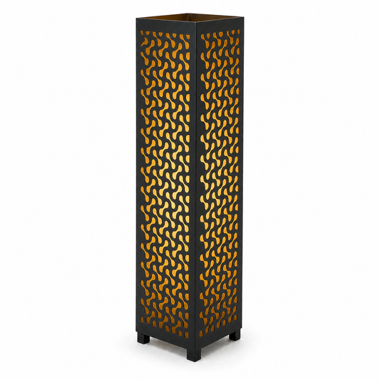 Design 058 black laser cut metal garden light tower with warm LED glow on white background