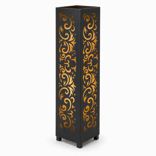 Design 059 black laser cut metal garden light tower with warm LED glow on white background