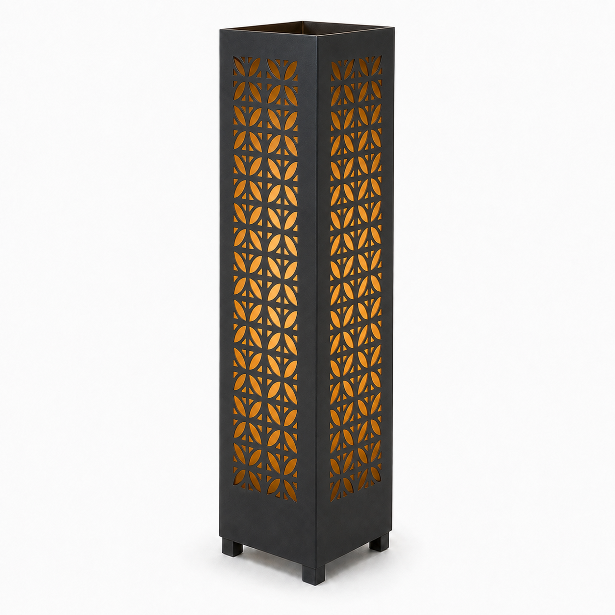 Design 060 black laser cut metal garden light tower with warm LED glow on white background