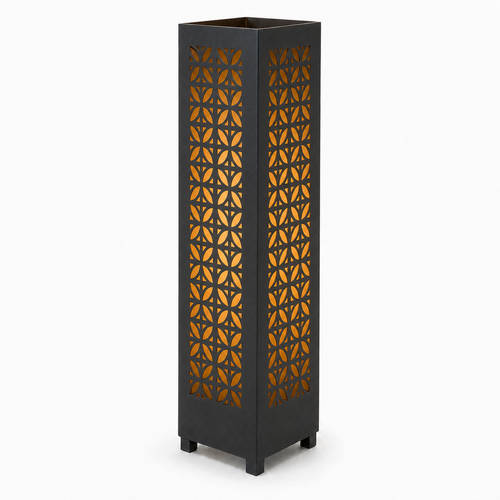 Design 060 black laser cut metal garden light tower with warm LED glow on white background