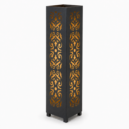 Design 061 black laser cut metal garden light tower with warm LED glow on white background