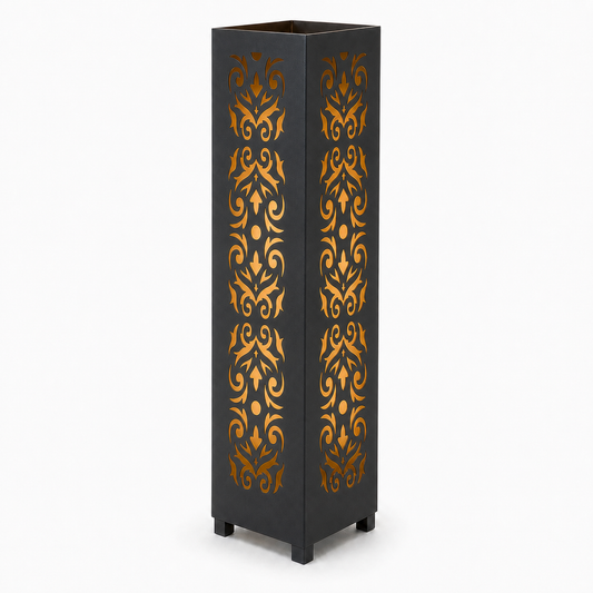 Design 061 black laser cut metal garden light tower with warm LED glow on white background