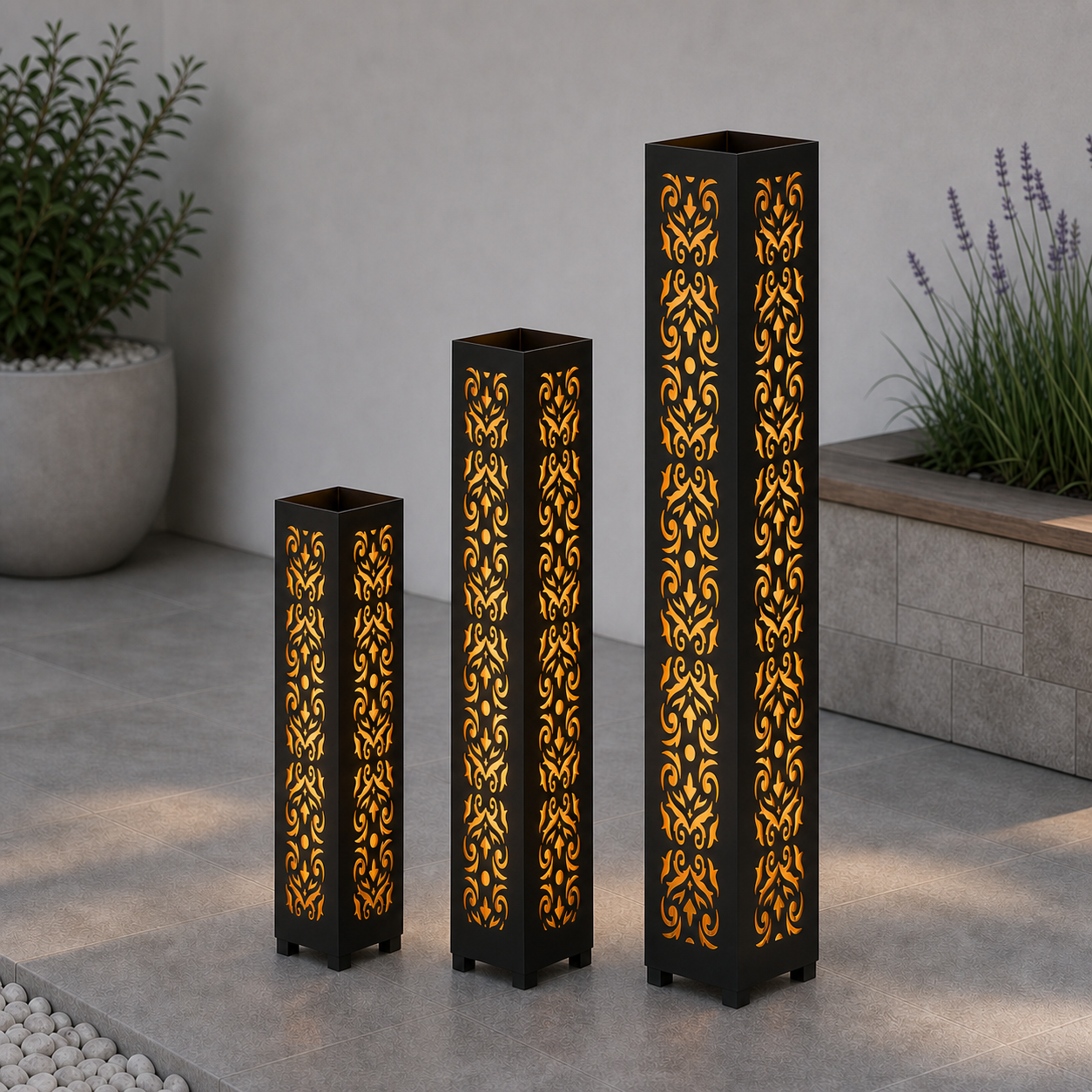 Design 061 laser cut garden light tower three size comparison