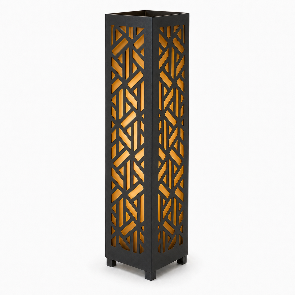Design 062 black laser cut metal garden light tower with warm LED glow on white background