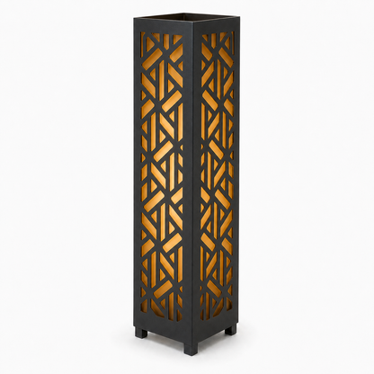 Design 062 black laser cut metal garden light tower with warm LED glow on white background