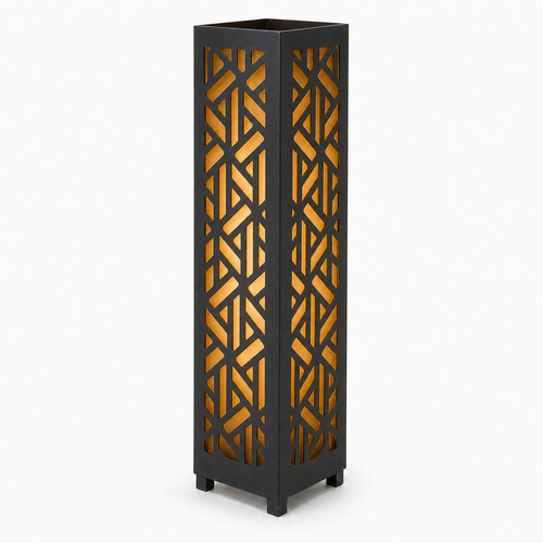 Design 062 black laser cut metal garden light tower with warm LED glow on white background
