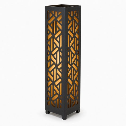 Design 062 black laser cut metal garden light tower with warm LED glow on white background
