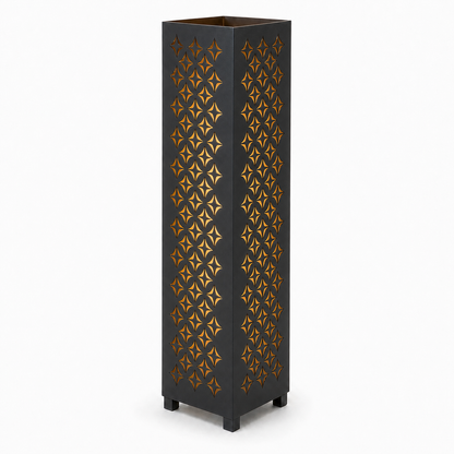 Design 063 black laser cut metal garden light tower with warm LED glow on white background