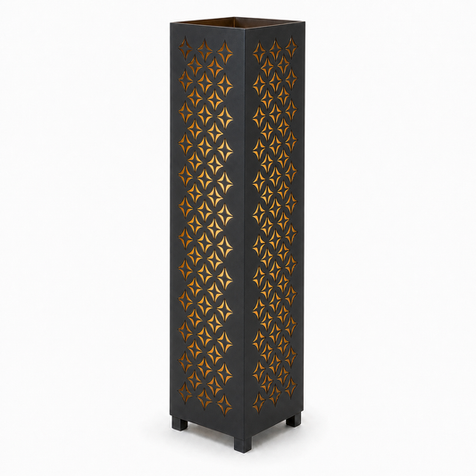 Design 063 black laser cut metal garden light tower with warm LED glow on white background