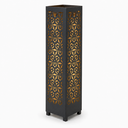 Design 064 black laser cut metal garden light tower with warm LED glow on white background
