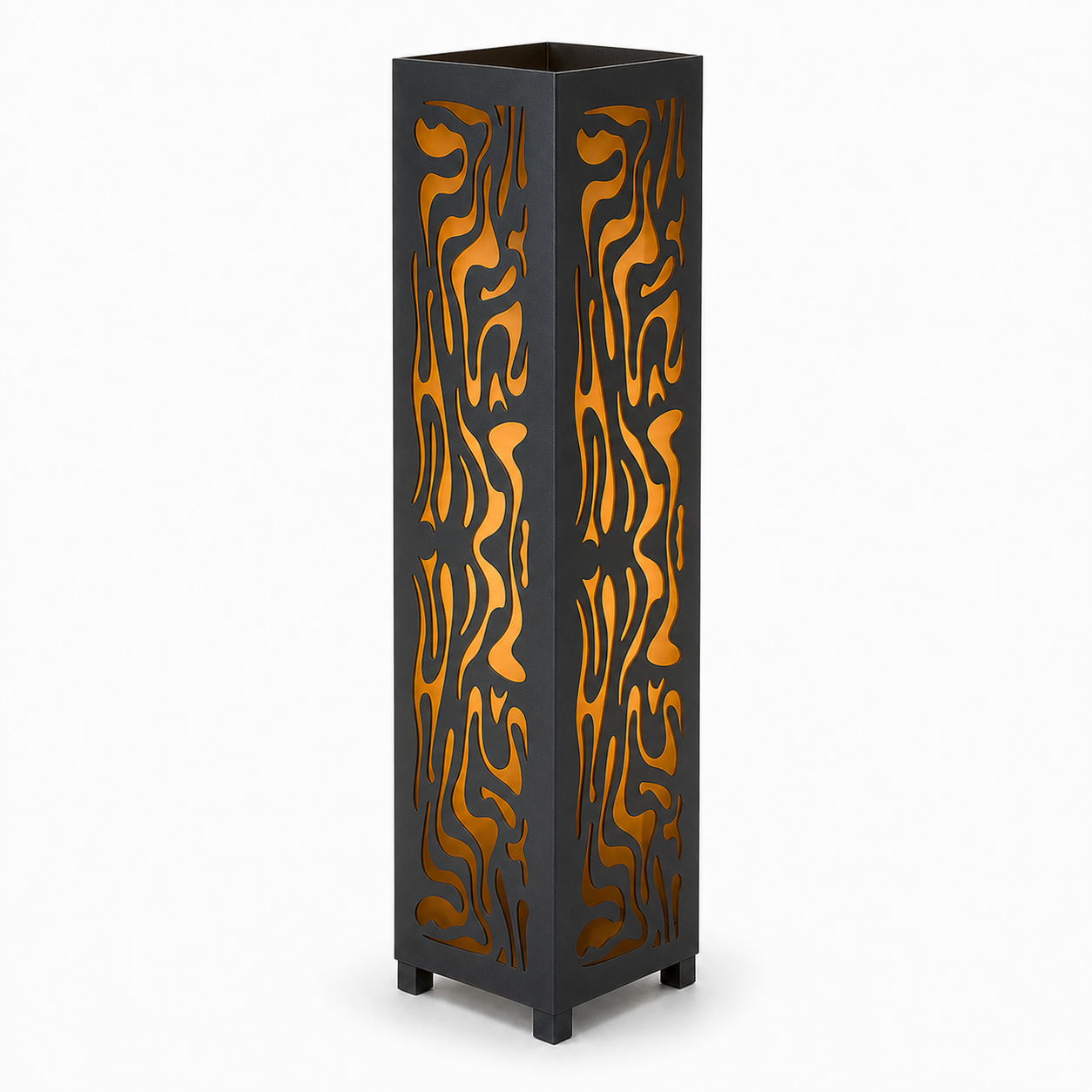 Design 065 black laser cut metal garden light tower with warm LED glow on white background