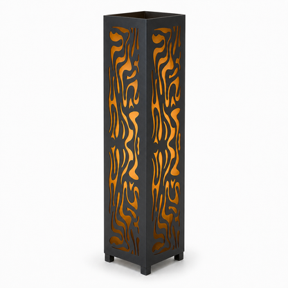 Design 065 black laser cut metal garden light tower with warm LED glow on white background
