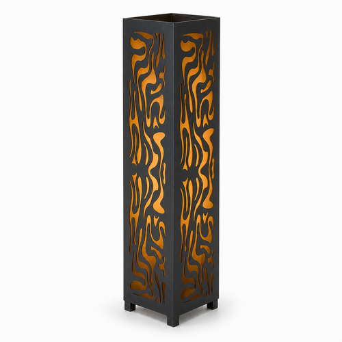 Design 065 black laser cut metal garden light tower with warm LED glow on white background