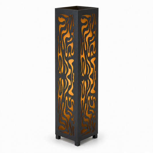 Design 065 black laser cut metal garden light tower with warm LED glow on white background