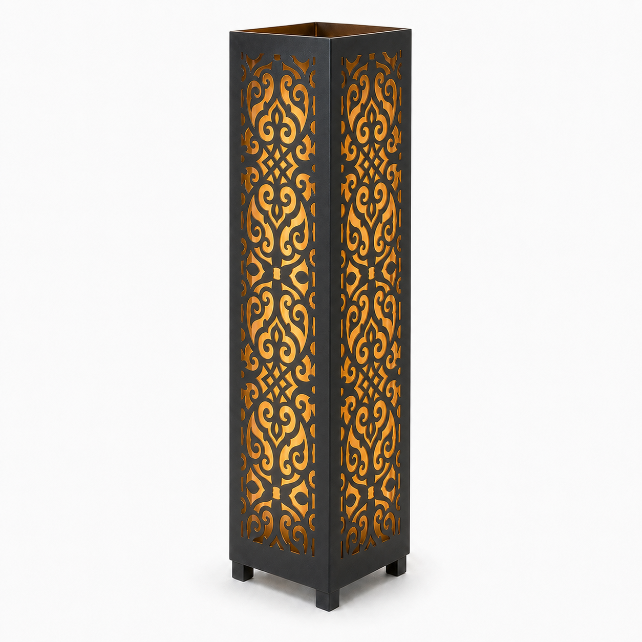 Design 091 black laser cut metal garden light tower with warm LED glow on white background