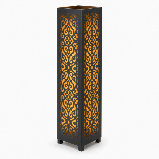 Design 091 black laser cut metal garden light tower with warm LED glow on white background