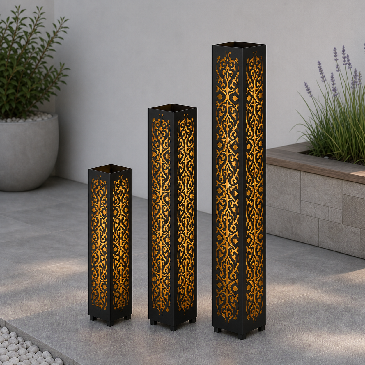 Design 091 laser cut garden light tower three size comparison