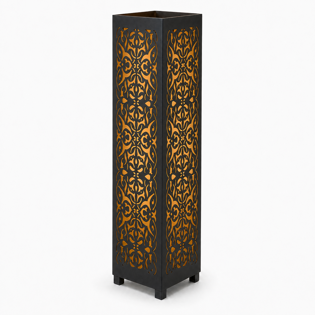 Design 092 black laser cut metal garden light tower with warm LED glow on white background