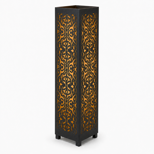 Design 092 black laser cut metal garden light tower with warm LED glow on white background
