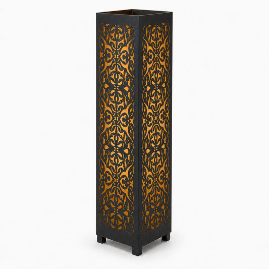 Design 092 black laser cut metal garden light tower with warm LED glow on white background