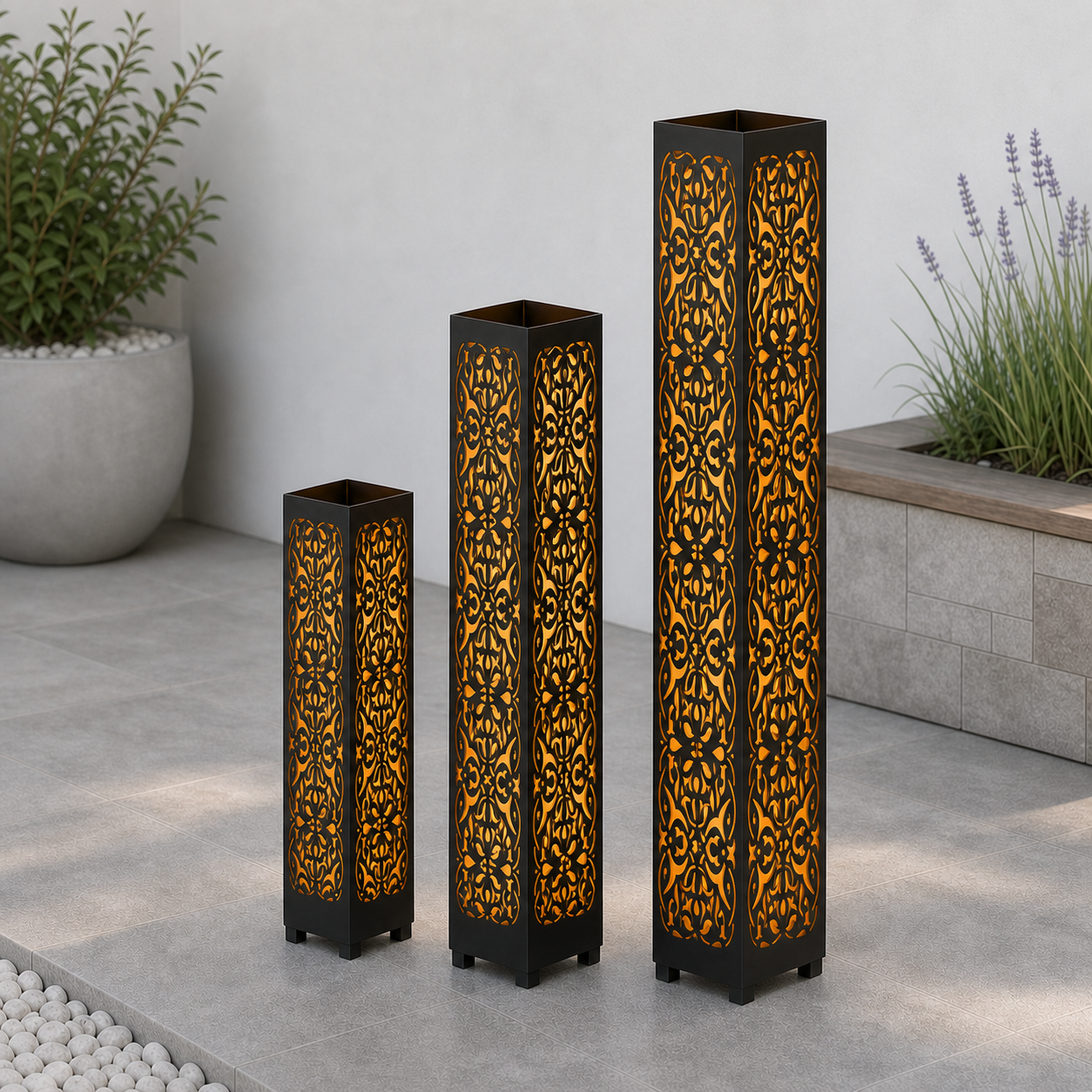 Design 092 laser cut garden light tower three size comparison