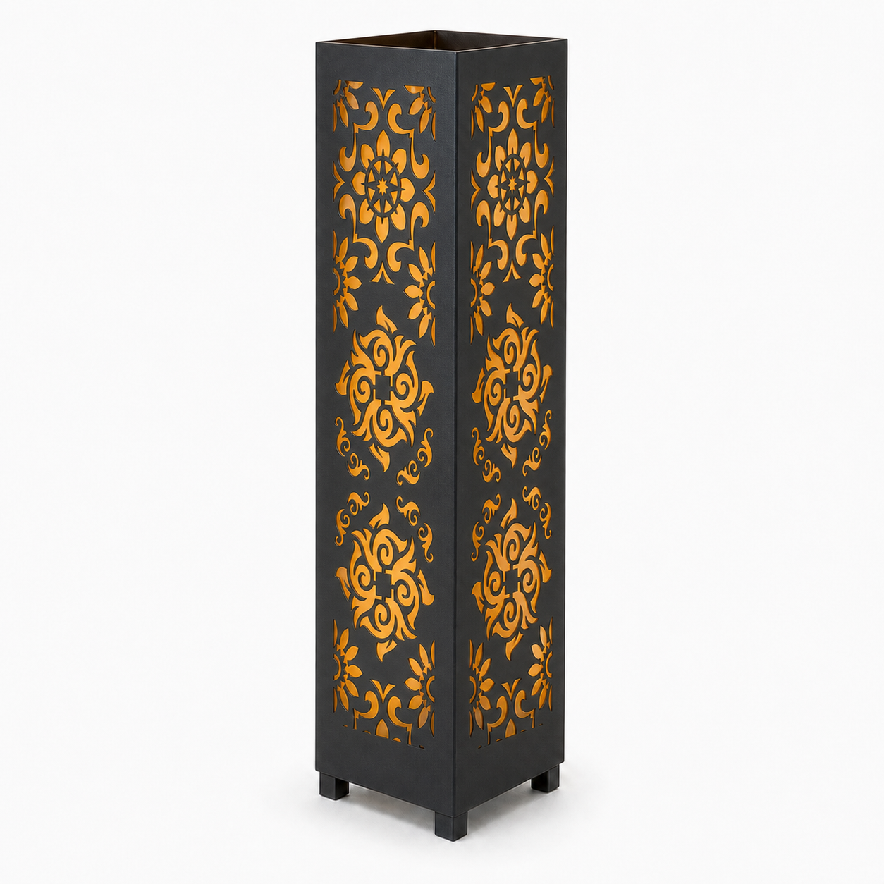 Design 093 black laser cut metal garden light tower with warm LED glow on white background