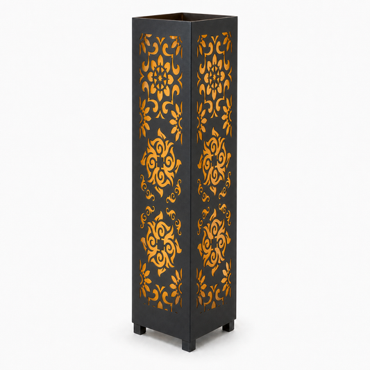 Design 093 black laser cut metal garden light tower with warm LED glow on white background